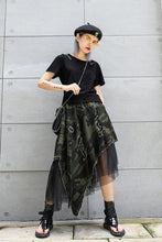 Load image into Gallery viewer, Camouflage Asymmetrical Distressed Denim Skirt with Mesh
