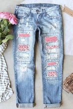 Load image into Gallery viewer, Leopard Patch Distressed Straight Leg Jeans
