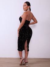 Load image into Gallery viewer, Sequin Strapless Ruched Back Slit Bodycon Dress
