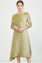 Load image into Gallery viewer, Striped Asymmetrical Pleated Round Neck Midi Dress
