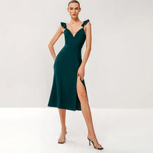 Load image into Gallery viewer, Ruffle Shoulder Tie-Back Split Sheath Dress
