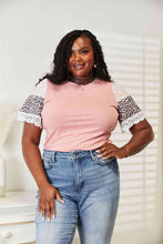 Load image into Gallery viewer, Double Take Leopard Lace Trim Ribbed Round Neck Top
