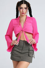 Load image into Gallery viewer, Tie Front Johnny Collar Flare Sleeve Cropped Top
