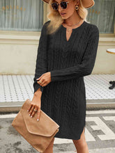 Load image into Gallery viewer, Notched Neck Cable-Knit Slit Sweater Dress

