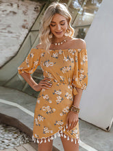 Load image into Gallery viewer, Floral Tassel Detail Tulip Hem Off-Shoulder Dress
