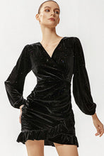 Load image into Gallery viewer, Glitter Ruched Ruffle Hem Surplice Mini Velvet Dress
