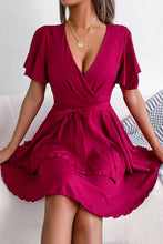 Load image into Gallery viewer, Tie Waist Flutter Sleeve Ruffled Dress
