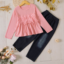 Load image into Gallery viewer, Girls Lace Trim Peplum Top and Jeans Set
