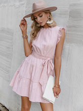 Load image into Gallery viewer, Tie-Waist Ruched Frill Trim Tiered Mini Dress
