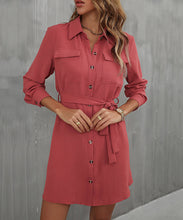 Load image into Gallery viewer, Button Down Belted Long Sleeve Shirt Dress
