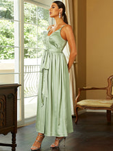 Load image into Gallery viewer, Satin Tie Waist Deep V Maxi Dress

