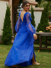 Load image into Gallery viewer, Ruffled Mesh Puff Sleeve Split Maxi Dress
