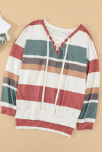 Load image into Gallery viewer, Multicolored Striped Lace-Up Dropped Shoulder Sweatshirt
