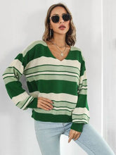 Load image into Gallery viewer, Striped V-Neck Dropped Shoulder Sweater
