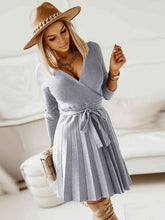 Load image into Gallery viewer, Surplice Neck Tie Front Pleated Sweater Dress

