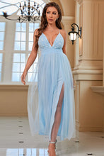 Load image into Gallery viewer, Embroidered Crisscross Plunge Split Tulle Dress
