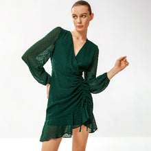 Load image into Gallery viewer, Swiss Dot Ruched Asymmetrical Ruffle Hem Dress
