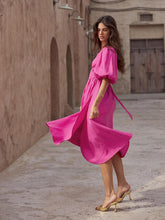 Load image into Gallery viewer, Surplice Balloon Sleeves Tied Dress
