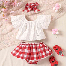 Load image into Gallery viewer, Eyelet Round Neck Top and Plaid Skort Set
