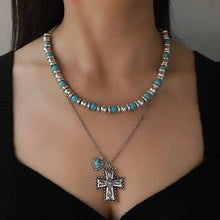 Load image into Gallery viewer, Artificial Turquoise Beaded Double-Layered Cross Necklace
