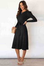Load image into Gallery viewer, Round Neck Long Sleeve Tie Waist Sweater Dress
