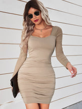 Load image into Gallery viewer, Spliced Mesh Sleeve Ruched Bodycon Dress
