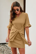 Load image into Gallery viewer, Tied Short Flounce Sleeve Notched Neck Dress
