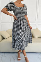 Load image into Gallery viewer, Plaid Cutout Square Neck Smocked Dress
