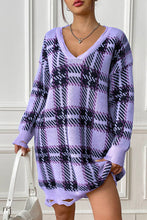 Load image into Gallery viewer, Plaid V-Neck Long Sleeve Sweater Dress
