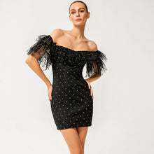 Load image into Gallery viewer, Polka Dot Off-Shoulder Spliced Mesh Dress
