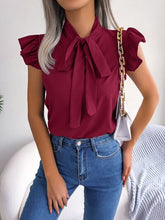 Load image into Gallery viewer, Tie  Neck Cap Sleeve Blouse
