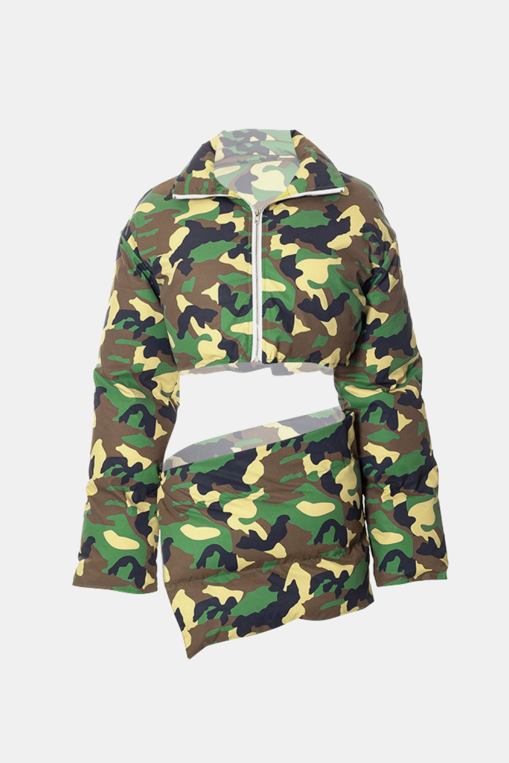 Camouflage Zip-Up Cropped Puffer Jacket and Skirt Set