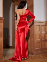 Load image into Gallery viewer, One-Shoulder Satin Fishtail Dress with Cascading Detail
