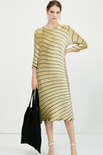 Load image into Gallery viewer, Striped Asymmetrical Pleated Round Neck Midi Dress
