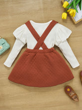 Load image into Gallery viewer, Girls Two-Tone Ribbed Top and Bow Pinafore Skirt Set
