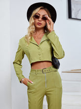 Load image into Gallery viewer, Lapel Collar Cropped Top and Belted Pants Set with Pockets
