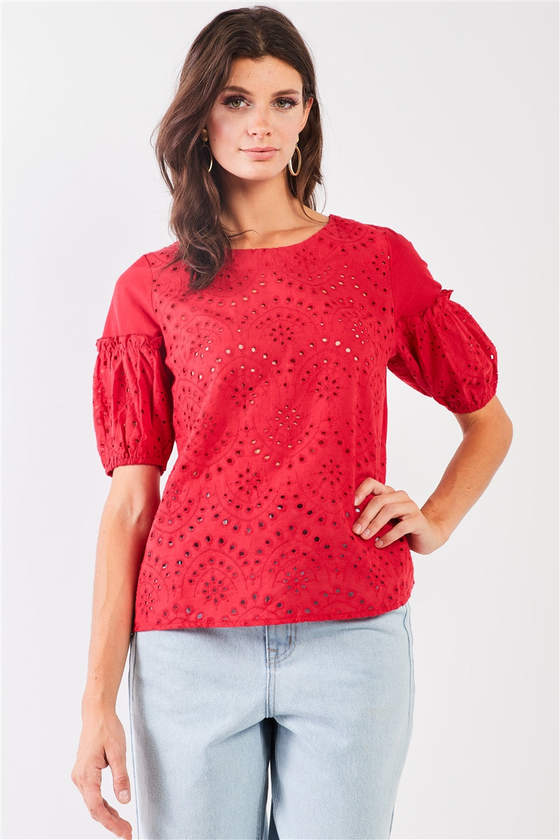 Mustard Yellow Eyelet Crochet Embroidery Front Short Puff Sleeve Detail Round Neck Relaxed Top