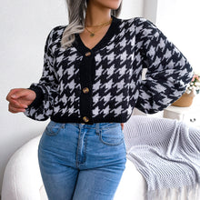 Load image into Gallery viewer, Houndstooth V-Neck Dropped Shoulder Cropped Cardigan
