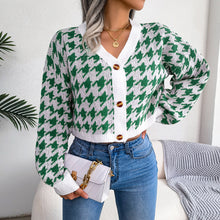 Load image into Gallery viewer, Houndstooth V-Neck Dropped Shoulder Cropped Cardigan
