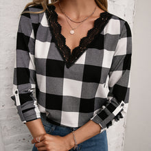 Load image into Gallery viewer, Plaid Lace Trim V-Neck Long Sleeve Tee
