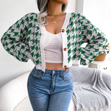 Load image into Gallery viewer, Houndstooth V-Neck Dropped Shoulder Cropped Cardigan
