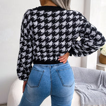 Load image into Gallery viewer, Houndstooth V-Neck Dropped Shoulder Cropped Cardigan
