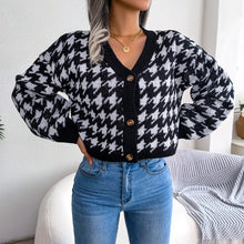 Load image into Gallery viewer, Houndstooth V-Neck Dropped Shoulder Cropped Cardigan
