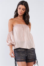 Load image into Gallery viewer, Solid Tan Beige Elegant Satin Loose Fit Off-The-Shoulder Balloon Midi Sleeve Cropped Top
