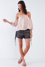 Load image into Gallery viewer, Solid Tan Beige Elegant Satin Loose Fit Off-The-Shoulder Balloon Midi Sleeve Cropped Top
