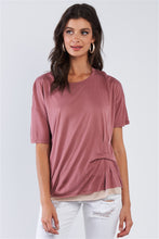 Load image into Gallery viewer, Smoke Rose Layered Soft Loose Fit Short Sleeve Top With One Sided Cinched Seam
