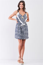 Load image into Gallery viewer, Navy &amp; White Geometric Zebra Sleeveless V-Neck Front Self-Tie Waist Draped Detail Mini Dress /3-3
