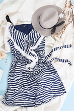Load image into Gallery viewer, Navy &amp; White Geometric Zebra Sleeveless V-Neck Front Self-Tie Waist Draped Detail Mini Dress /3-3
