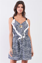 Load image into Gallery viewer, Navy &amp; White Geometric Zebra Sleeveless V-Neck Front Self-Tie Waist Draped Detail Mini Dress /3-3

