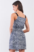 Load image into Gallery viewer, Navy &amp; White Geometric Zebra Sleeveless V-Neck Front Self-Tie Waist Draped Detail Mini Dress /3-3
